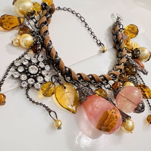 Art Glass Dangle Charm Bracelet Faux Pearl Leather Rhinestone Dangle Pink Brown - Picture 5 of 7